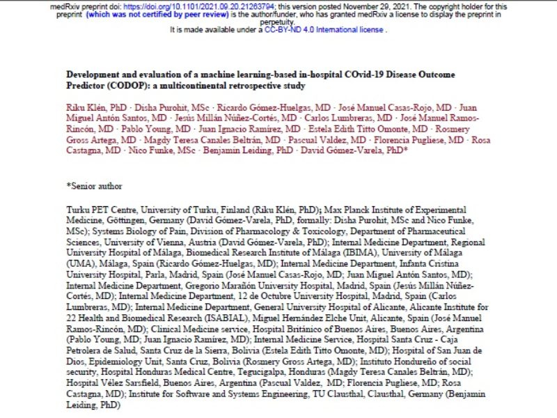 Estudio sobre el desarrollo y validación de CODOP en pacientes COVID hospitalizados | José Manuel Casas Rojo y Juan Miguel Antón Santo