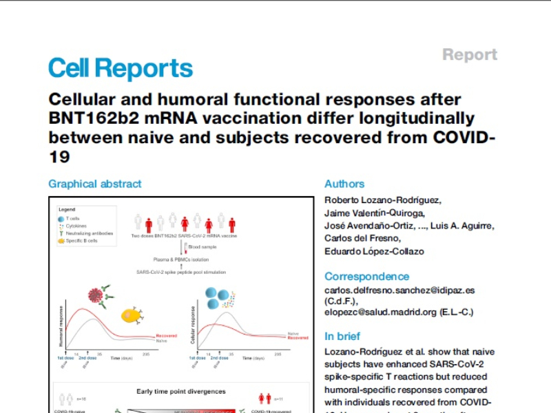 “Cellular and humoral functional responses after BNT162b2 mRNA vaccination differ longitudinally between naive and subjects recovered from COVID-19” | Irene Llorente Fernández