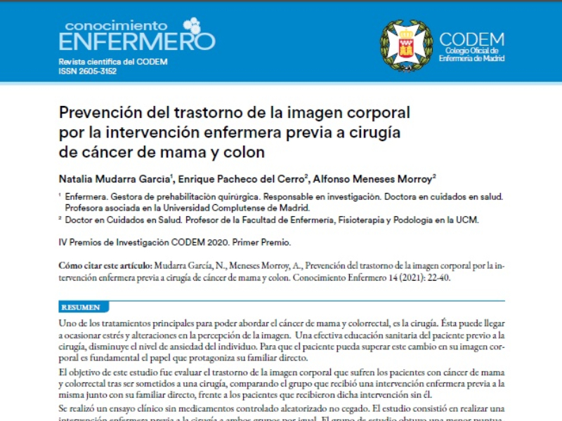 “Prevención del trastorno de la imagen corporal por la intervención enfermera previa a cirugía de cáncer de mama y colon” | Natalia Mudarra García