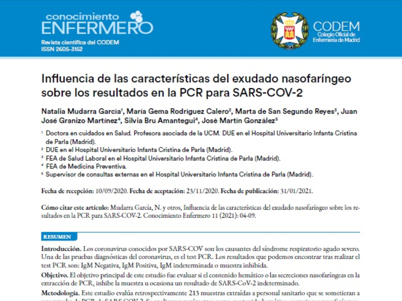 “Influencia de las características del exudado nasofaríngeo sobre los resultados en la PCR para SARS-COV-2” | Equipo multidisciplinar del HUOC
