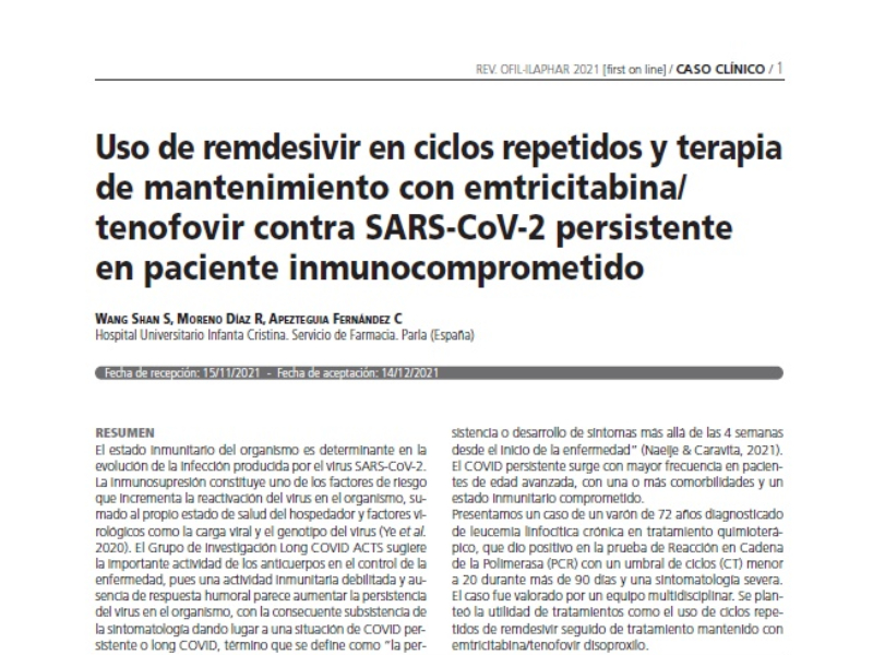 Uso de remdesivir en ciclos repetidos y terapia de mantenimiento con emtricitabina/tenofovir | Wang Shan S, Moreno Díaz R, Apezteguia Fernández C