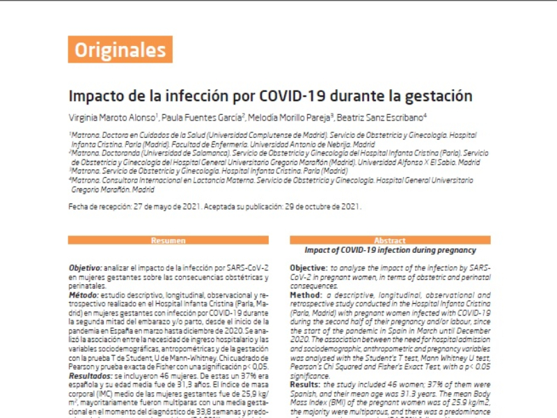 “Impacto de la infección por COVID-19 durante la gestación” | Virginia Maroto, Paula Fuentes, Melodía Morillo y Beatriz Sanz