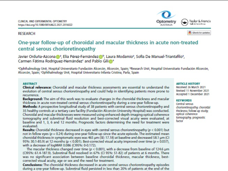 “One-year follow-up of choroidal and macular thickness in acute non-treated central serous chorioretinopathy” | Laura Modamio, Oftalmología