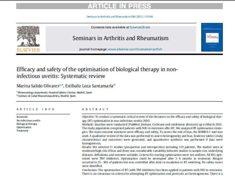 “Efficacy and safety of the optimisation of biological therapy in non-infectious uveitis: Systematic review” | María Salido, Reumatología