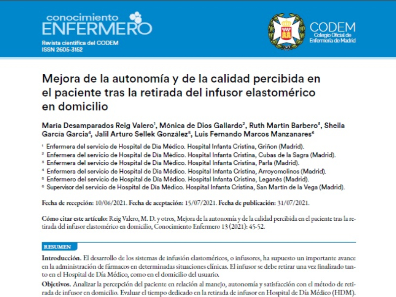 “Mejora de la autonomía y de la calidad percibida en el paciente tras la retirada del infusor elastomérico en domicilio” | Amparo Reig, Mónica de Dios Gallardo, Ruth Martín, Sheila García, Jalil Arturo Sellek, y Luis Fernando Marcos