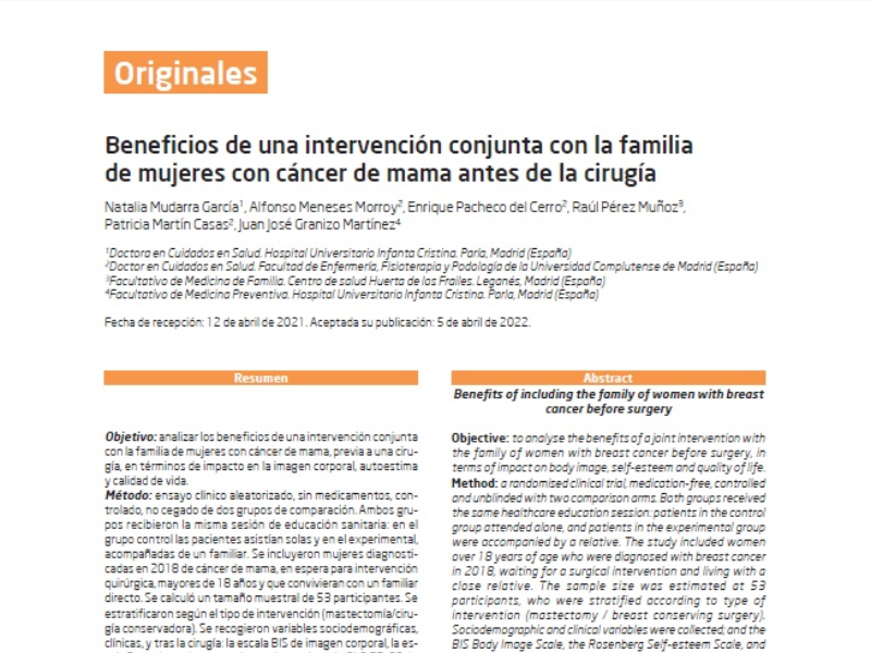 “Beneficios de una intervención conjunta con la familia de mujeres con cáncer de mama antes de la cirugía” | Natalia Mudarra y Juan José Granizo