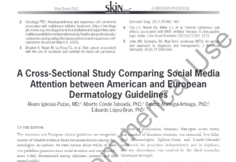 “A Cross-Sectional Study Comparing Social Media Attention between American and European Dermatology Guidelines” | Beatriz Aranegui Arteaga, Dermatología