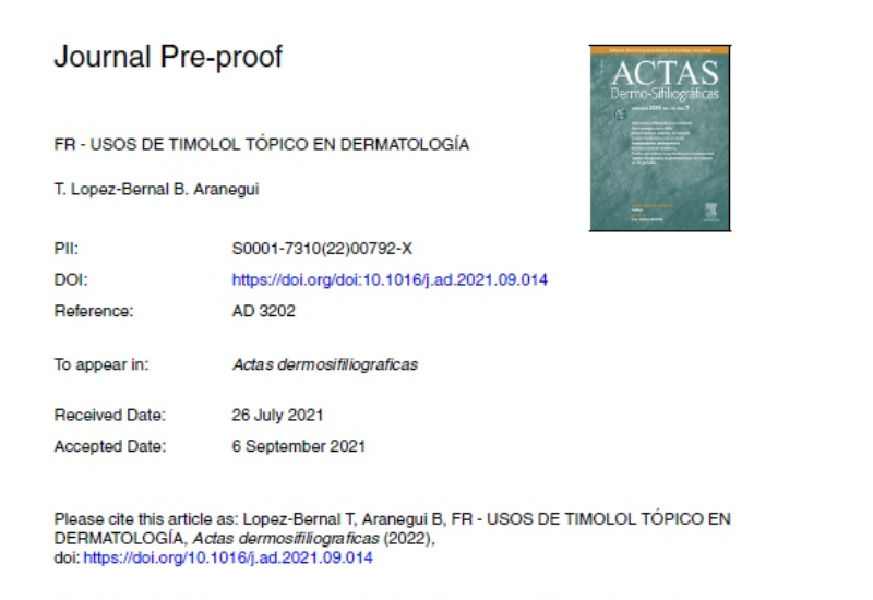 “Topical Timolol in Dermatology” | Beatriz Aranegui y Teresa Lopez Bernal, Dermatología