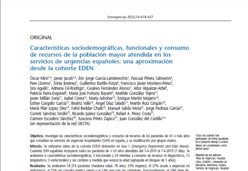 “Características sociodemográficas, funcionales y consumo de recursos de la población mayor atendida en los servicios de urgencias españoles: una aproximación desde la cohorte EDEN” | Ángel Díaz Salado, Urgencias