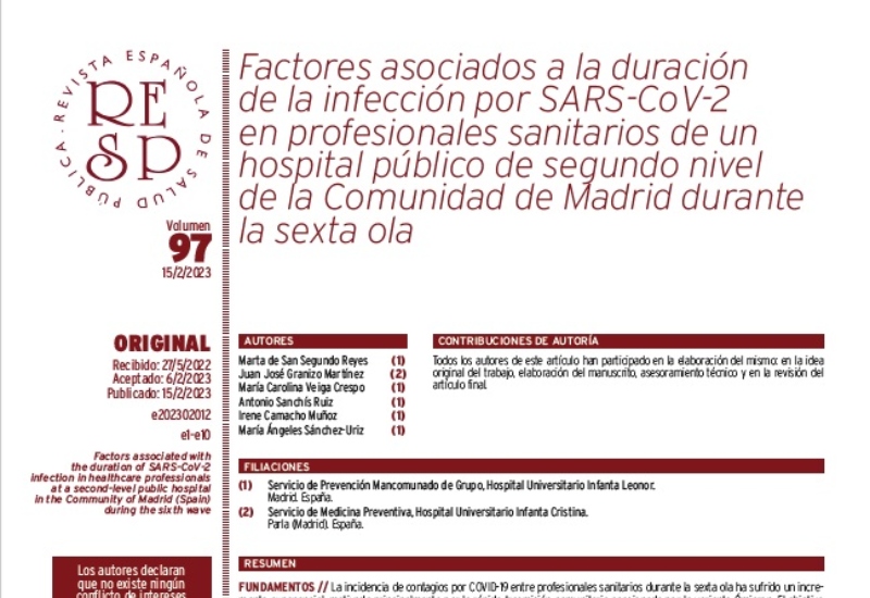 “Factores asociados a la duración de la infección por SARS-CoV-2 en profesionales sanitarios de un hospital público de segundo nivel de la Comunidad de Madrid durante la sexta ola” | Juan José Granizo