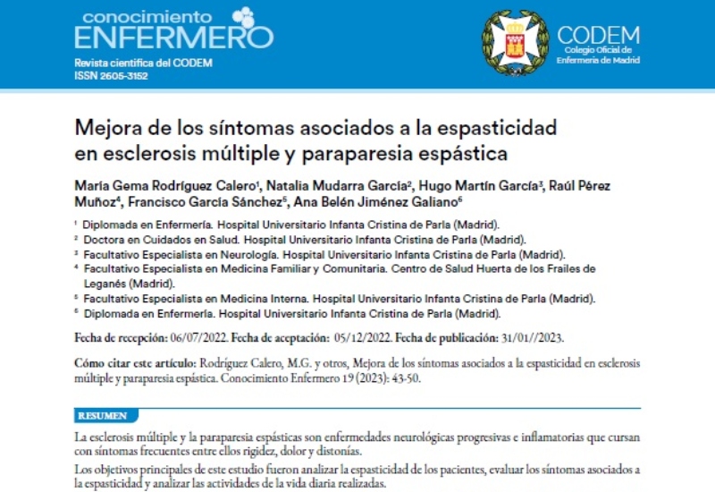 “Mejora de los síntomas asociados a la espasticidad en Esclerosis múltiple y paraparesia espástica” | Natalia Mudarra García, M. G. Rodríguez Calero, H. Martín García, F. García Sánchez y A. B. Jiménez Galiano