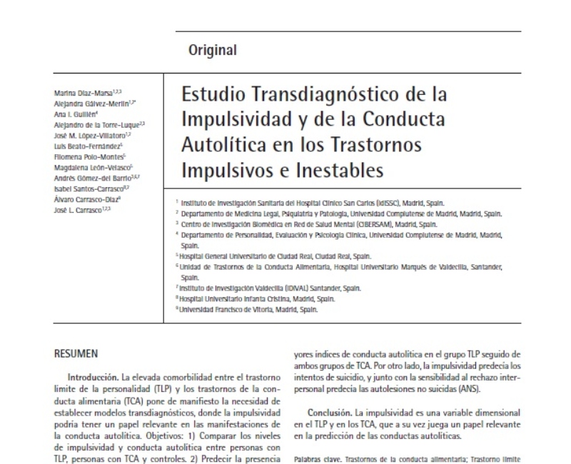 “Transdiagnostic Study of Impulsivity and Self-Injurious Behaviour in Unstable and Impulsive Disorders” | Isabel Santos Carrasco, Psiquiatría