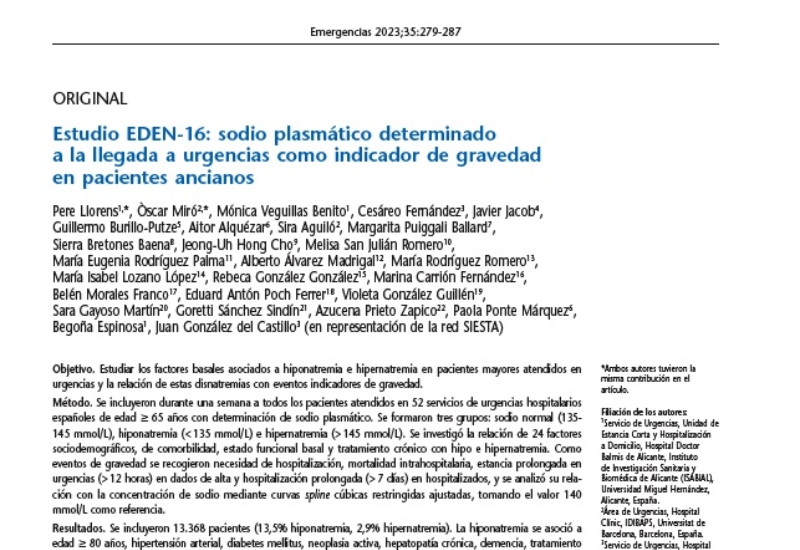 “Plasma sodium concentration in older patients as an indicator of severity in emergencies: Results from the Emergency Department and Elder Needs-16 study” | Angel Iván Díaz Salado, Urgencias