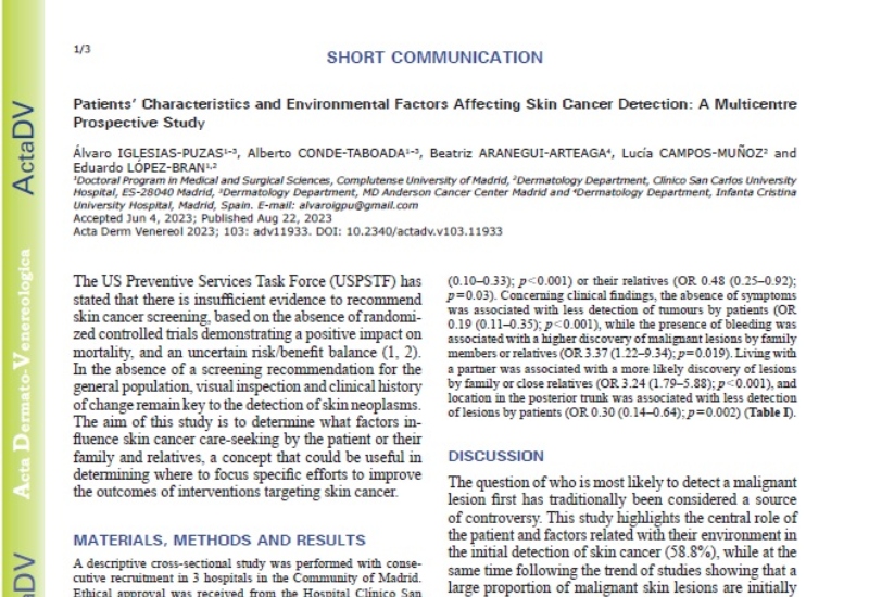 “Patients’ Characteristics and Environmental Factors Affecting Skin Cancer Detection: A Multicentre Prospective Study” | Beatriz Aranegui , Dermatología