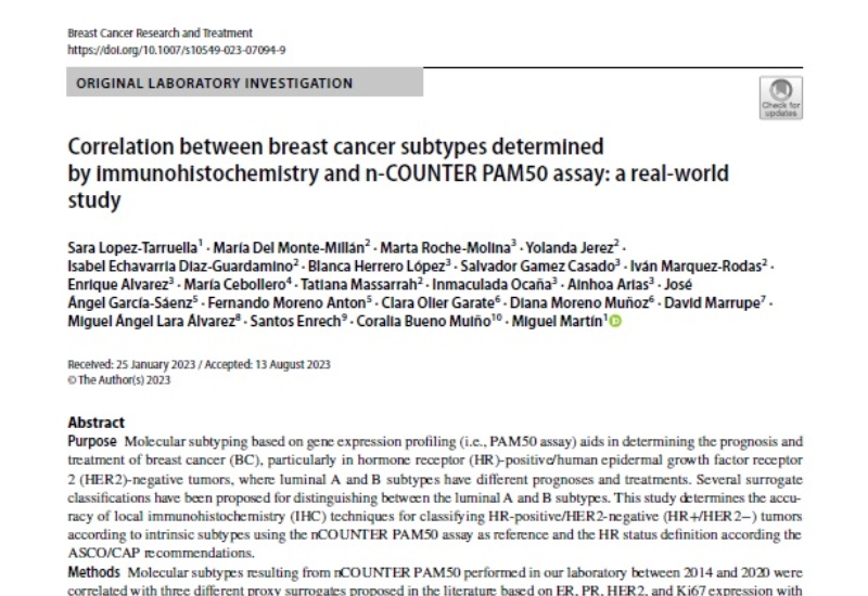 “Correlation between breast cancer subtypes determined by immunohistochemistry and n-COUNTER PAM50 assay: a real-world study” | Coralia Bueno, Oncología