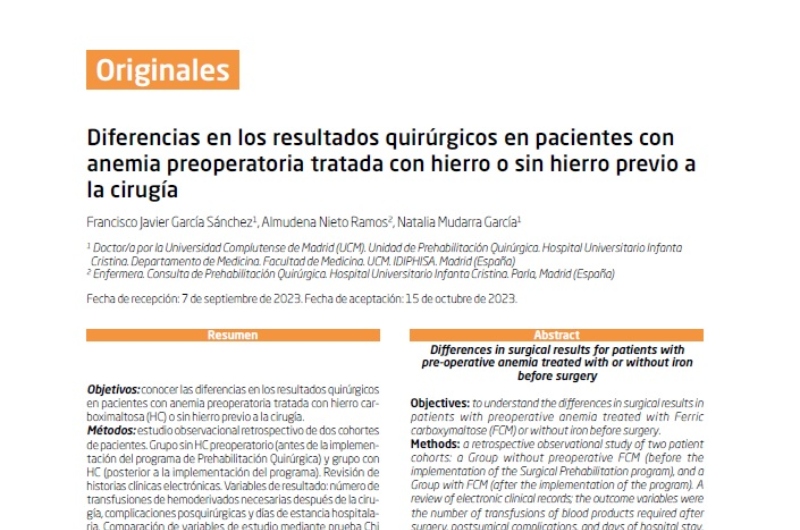 “Diferencias en los resultados quirúrgicos en pacientes con anemia preoperatoria tratada con hierro o sin hierro previo a la cirugía” | Francisco Javier García, Almudena Nieto y Natalia Mudarra