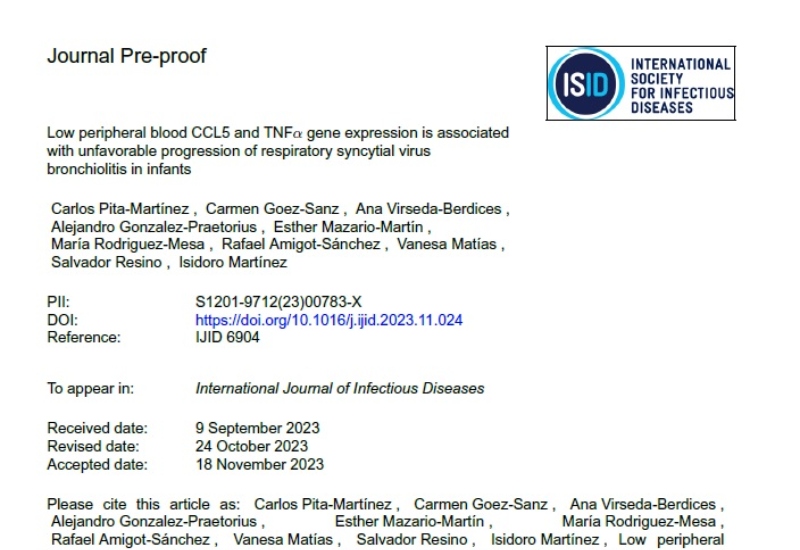 Low peripheral blood CCL5 and TNFa gene expression is associated with unfavorable progression of respiratory syncytial virus bronchiolitis in infants” | María Rodríguez Mesa, Pediatría