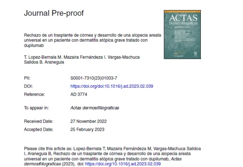 “Corneal transplant rejection and alopecia areata universalis in a patient with severe atopic dermatitis on dupilumab” | Teresa López, Marta Mazaira, Inmaculada Vargas-Machuca y Beatriz Aranegui