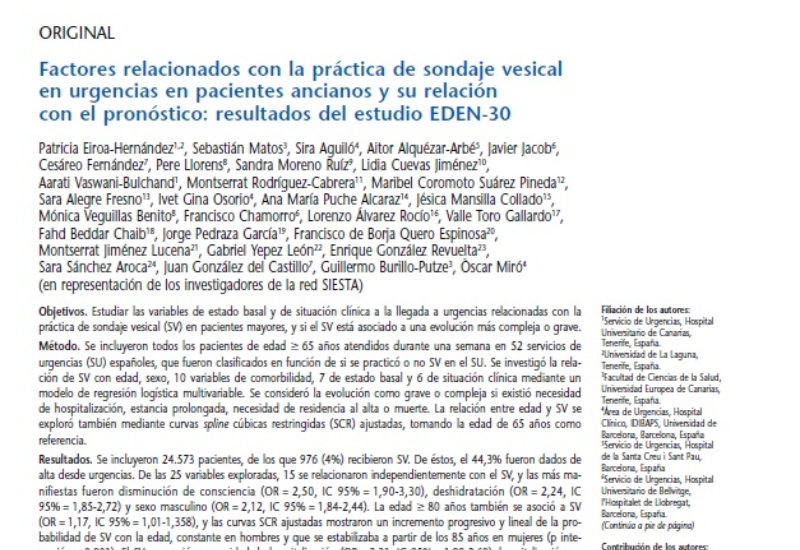 “Factors related to bladder catheterization in older patients and its possible association with prognosis: results of the EDEN-30 study” | Sandra Moreno Ruíz, Urgencias