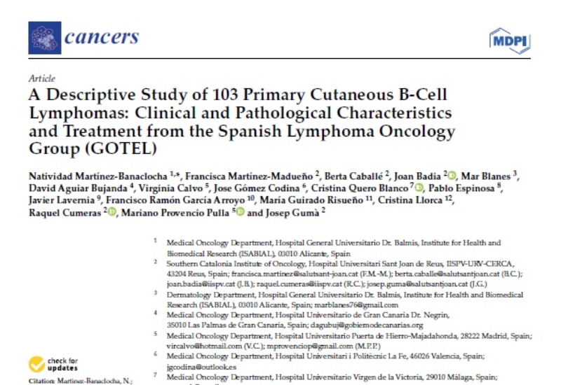 A Descriptive Study of 103 Primary Cutaneous B-Cell Lymphomas: Clinical and Pathological Characteristics and Treatment from the Spanish Lymphoma Oncology Group (GOTEL) | Pablo Espinosa, Dermatología