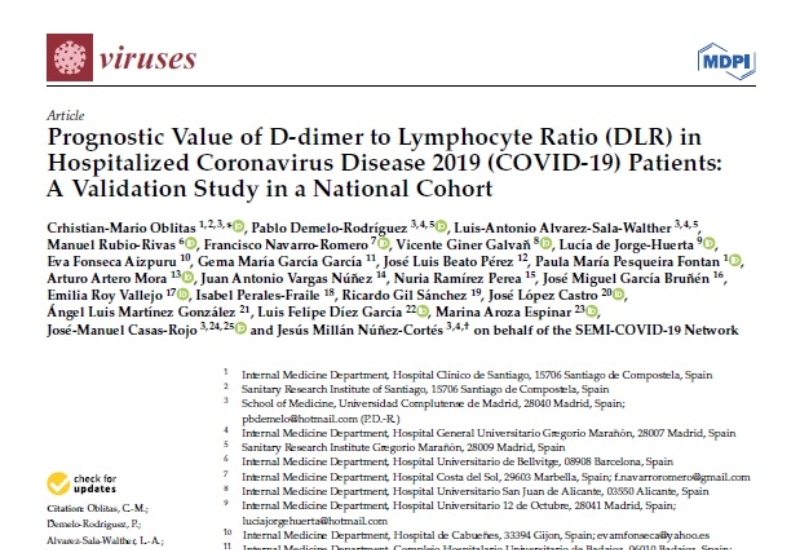 “Prognostic Value of D-dimer to Lymphocyte Ratio (DLR) in Hospitalized Coronavirus Disease 2019 (COVID-19) Patients: A Validation Study in a National Cohort” | José Manuel Casas Rojo