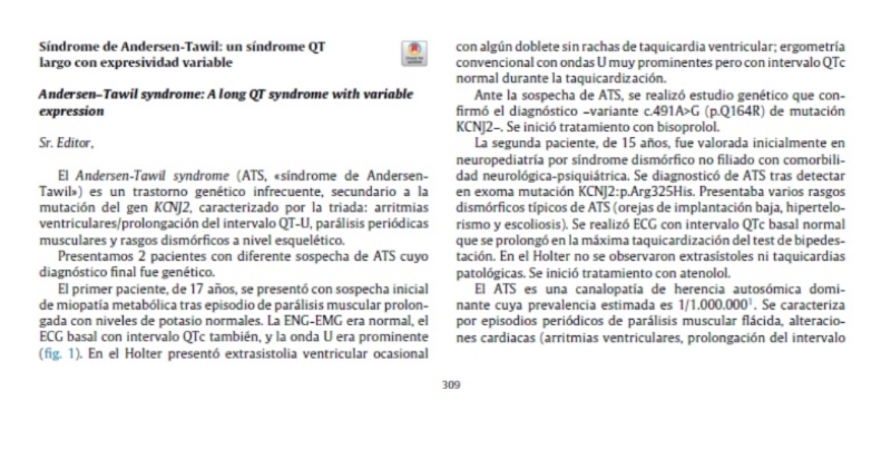 “Síndrome de Andersen-Tawil: un síndrome QT largo con expresividad variable” | Paula de Vera y Elena Corella, Pediatría