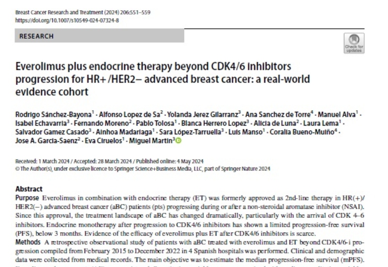 “Everolimus plus endocrine therapy beyond CDK4/6 inhibitors progression for HR+ /HER2- advanced breast cancer: a real-world evidence cohort” | Coralia Bueno, Oncología