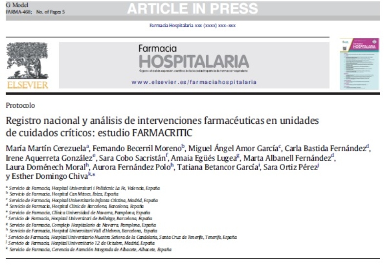 “National record and analysis of pharmaceutical interventions in critical care units: PHARMACRITIC study” | Miguel Ángel Amor García, Farmacia