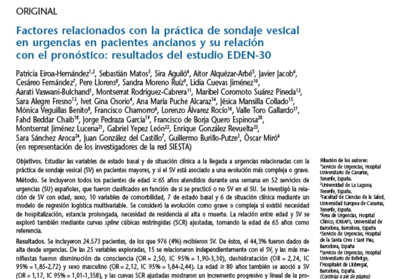 Factores relacionados con la práctica de sondaje vesical en urgencias en pacientes ancianos y su relación con el pronóstico: resultados del estudio EDEN-30” | Sandra Moreno Ruíz, Urgencias