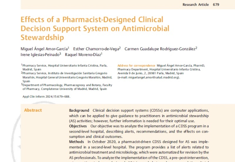 “Effects of a Pharmacist-Designed Clinical Decision Support System on Antimicrobial Stewardship” | Miguel Ángel Amor y Raquel Moreno, Farmacia