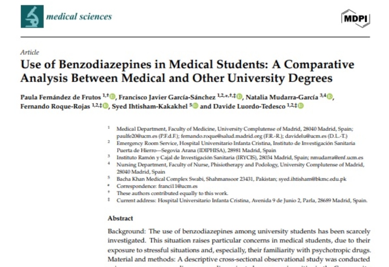 “Use of Benzodiazepines in Medical Students: A Comparative Analysis Between Medical and Other University Degrees” | Francisco J. García-Sánchez, Natalia Mudarra García, Fernando Roque Rojas y Dávide Luordo Tedesco