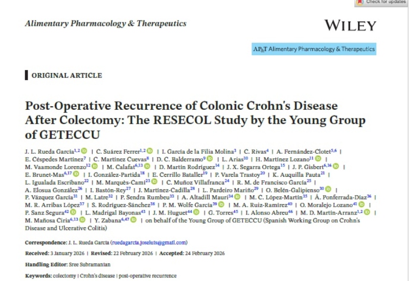 “Post-Operative Recurrence of Colonic Crohn’s Disease After Colectomy: The RESECOL Study by the Young Group of GETECCU” | Daniel Martín, Servicio de DigestivodIGESTIVO