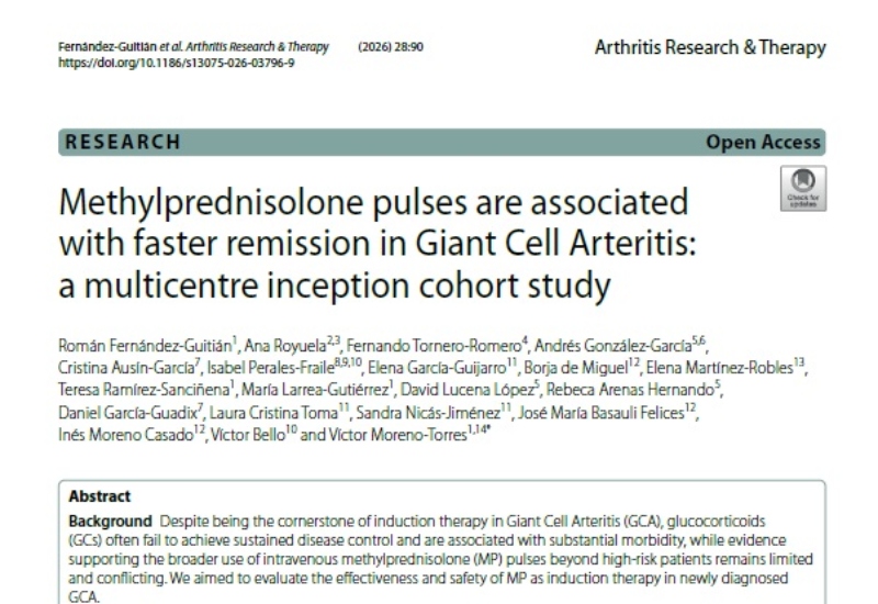 “Methylprednisolone pulses are associated with faster remission in Giant Cell Arteritis: a multicentre inception cohort study” | Elena García Guijarro, Laura Cristina Toma, Sandra Nicás Jiménez, Medicina Interna
